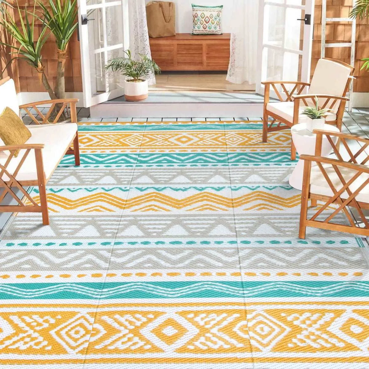 Amoret Waterproof Reversible Colorful Blue/Yellow Outdoor Rug