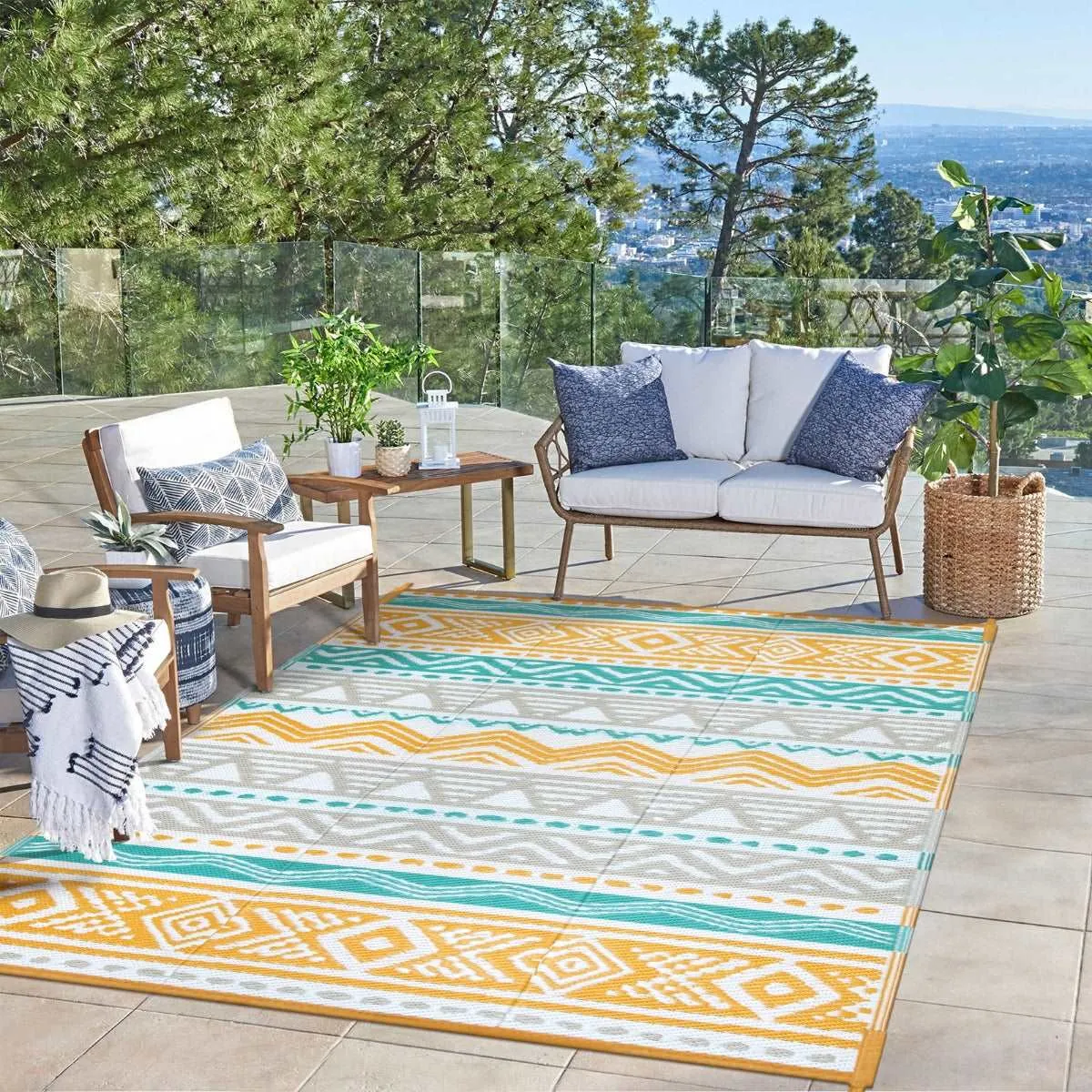 Amoret Waterproof Reversible Colorful Blue/Yellow Outdoor Rug