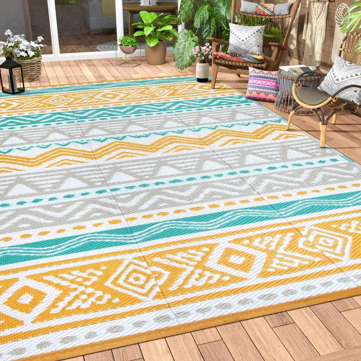 Amoret Waterproof Reversible Colorful Blue/Yellow Outdoor Rug