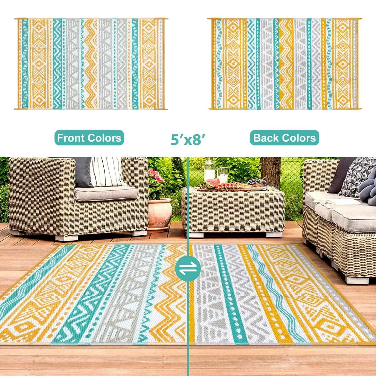 Amoret Waterproof Reversible Colorful Blue/Yellow Outdoor Rug