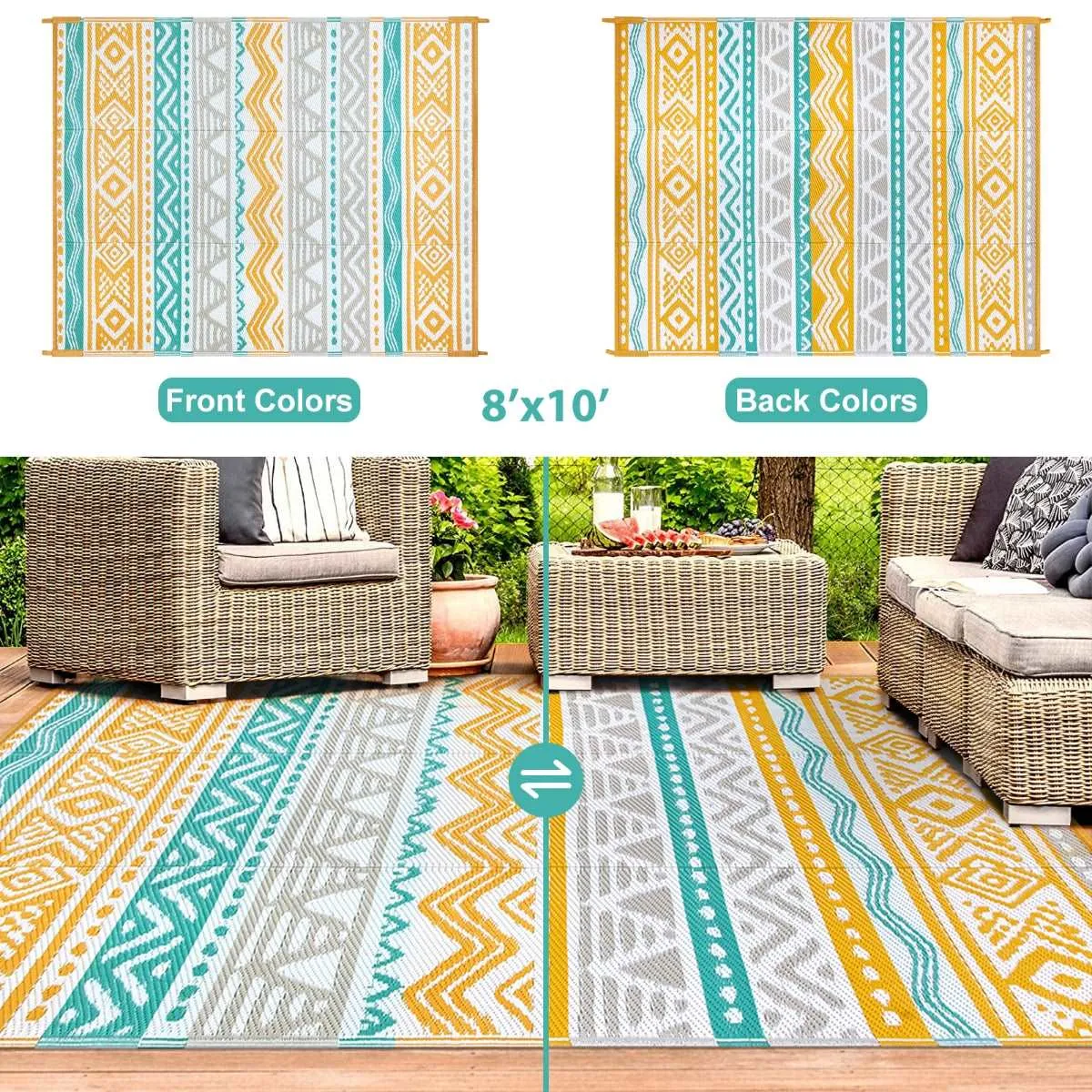 Amoret Waterproof Reversible Colorful Blue/Yellow Outdoor Rug