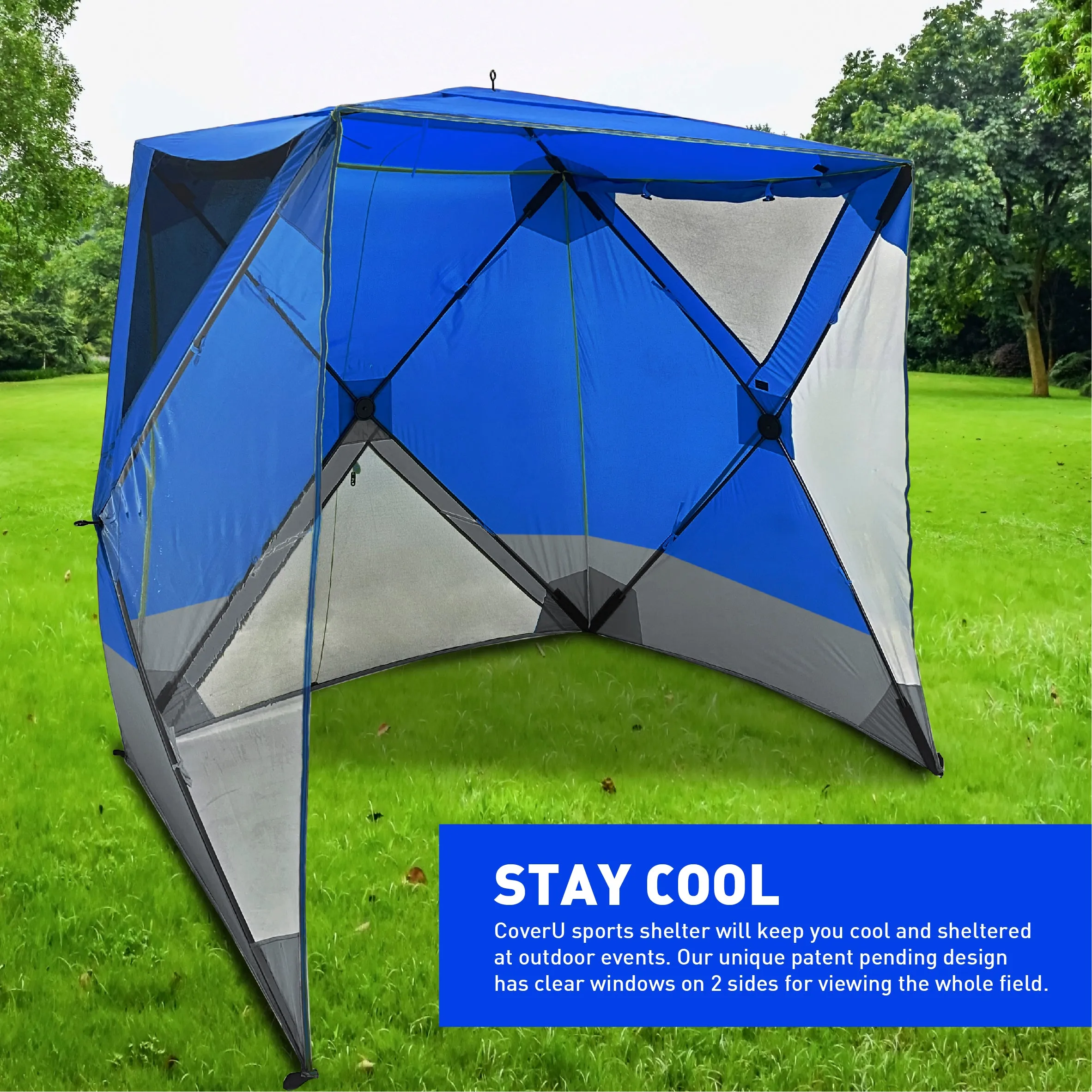 CoverU Sports Tent Pod SUN Protection – Pop Up 2 Person Hot Climate Canopy Shelter – Patent Pending - BLUE