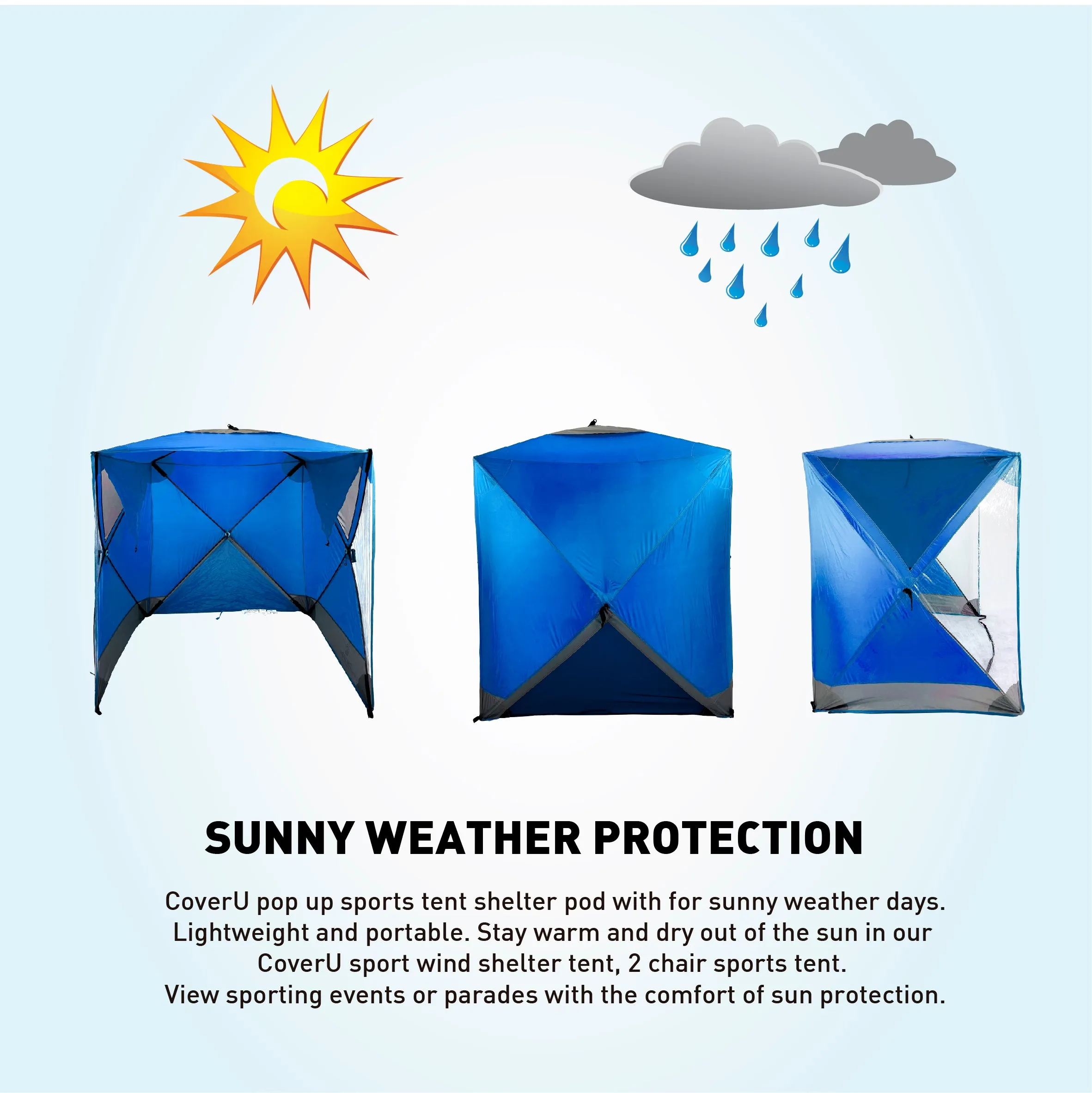 CoverU Sports Tent Pod SUN Protection – Pop Up 2 Person Hot Climate Canopy Shelter – Patent Pending - BLUE