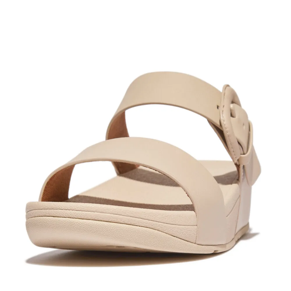 FitFlop Lulu Covered Buckle Raw Edge Leather Slide Stone Beige