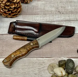 Full Tang Scandi Bohler N690 Steel Bushcraft Knife with Walnut Wood Handle and Leather Sheath Opt. Magnesium Fire Starter Camping Knife