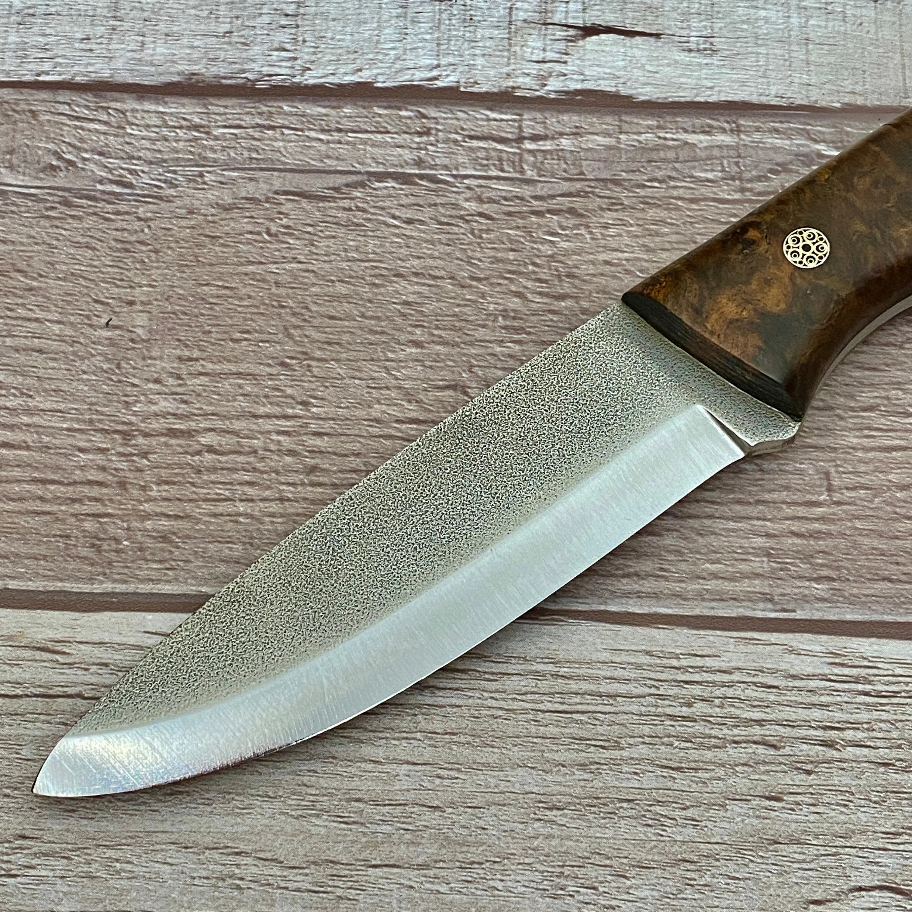 Full Tang Scandi Bohler N690 Steel Bushcraft Knife with Walnut Wood Handle and Leather Sheath Opt. Magnesium Fire Starter Camping Knife