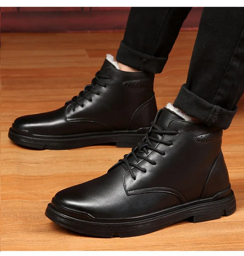 Hnzxzm Autumn Winter Shoes Men Genuine Leather Boots Black Warm Plush Cold Winter Mens Ankle Boots Leather Male Footwear A4875