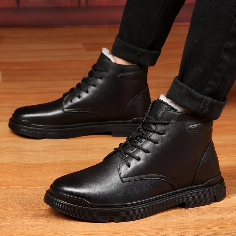 Hnzxzm Autumn Winter Shoes Men Genuine Leather Boots Black Warm Plush Cold Winter Mens Ankle Boots Leather Male Footwear A4875