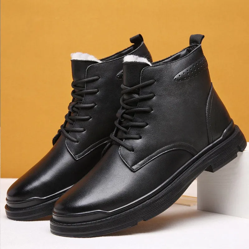 Hnzxzm Autumn Winter Shoes Men Genuine Leather Boots Black Warm Plush Cold Winter Mens Ankle Boots Leather Male Footwear A4875