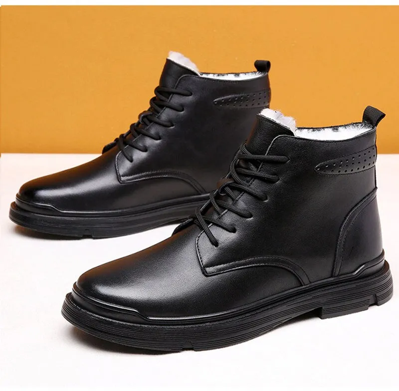 Hnzxzm Autumn Winter Shoes Men Genuine Leather Boots Black Warm Plush Cold Winter Mens Ankle Boots Leather Male Footwear A4875