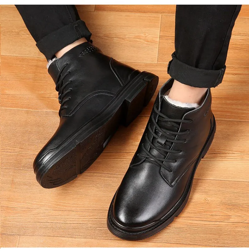 Hnzxzm Autumn Winter Shoes Men Genuine Leather Boots Black Warm Plush Cold Winter Mens Ankle Boots Leather Male Footwear A4875