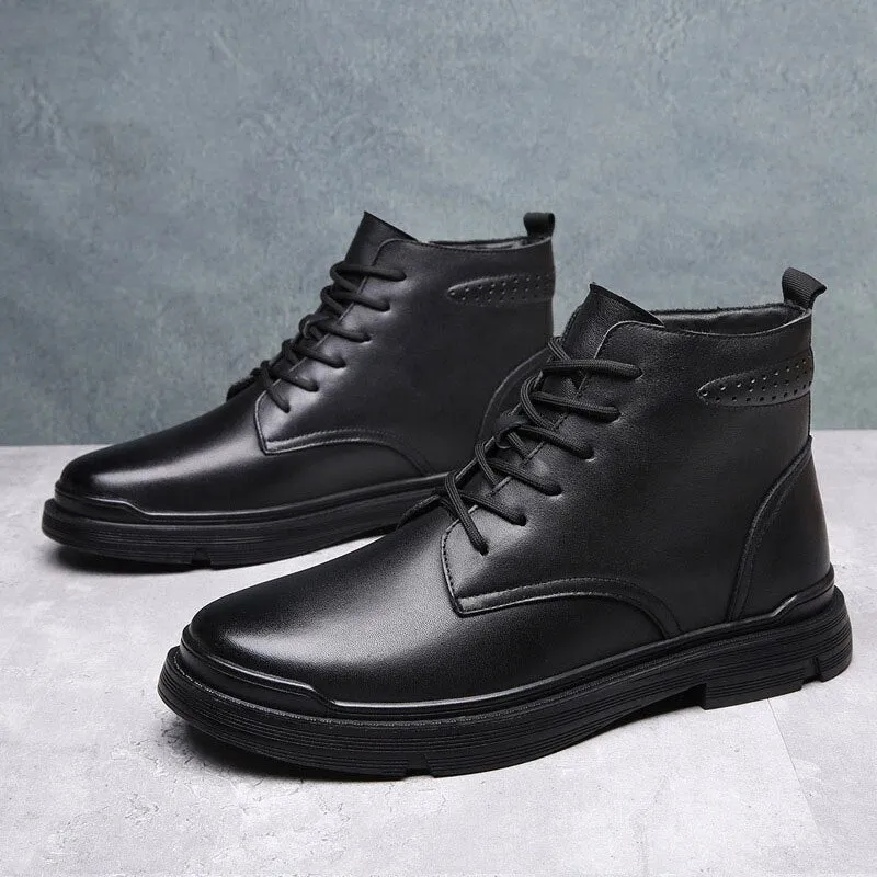 Hnzxzm Autumn Winter Shoes Men Genuine Leather Boots Black Warm Plush Cold Winter Mens Ankle Boots Leather Male Footwear A4875