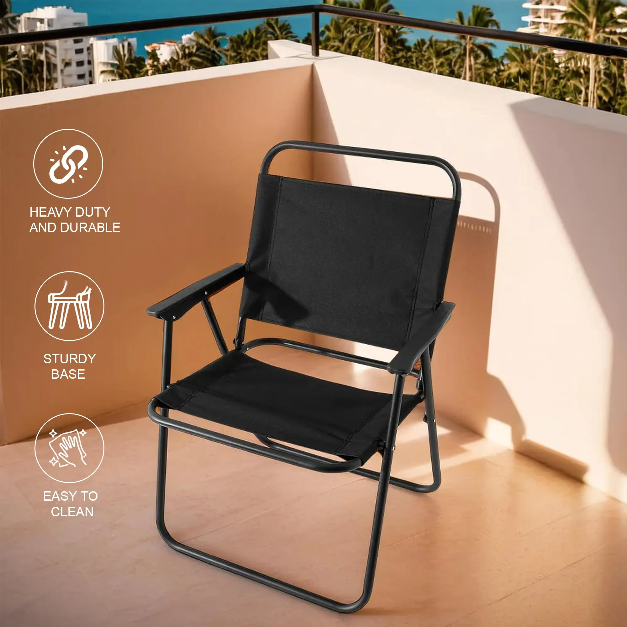 Kuber Industries (Set of 3) Portable & Foldable Chair for Travelling - Small Camping Cloth Kurchi for Outdoor Beach & Home Aram - Black