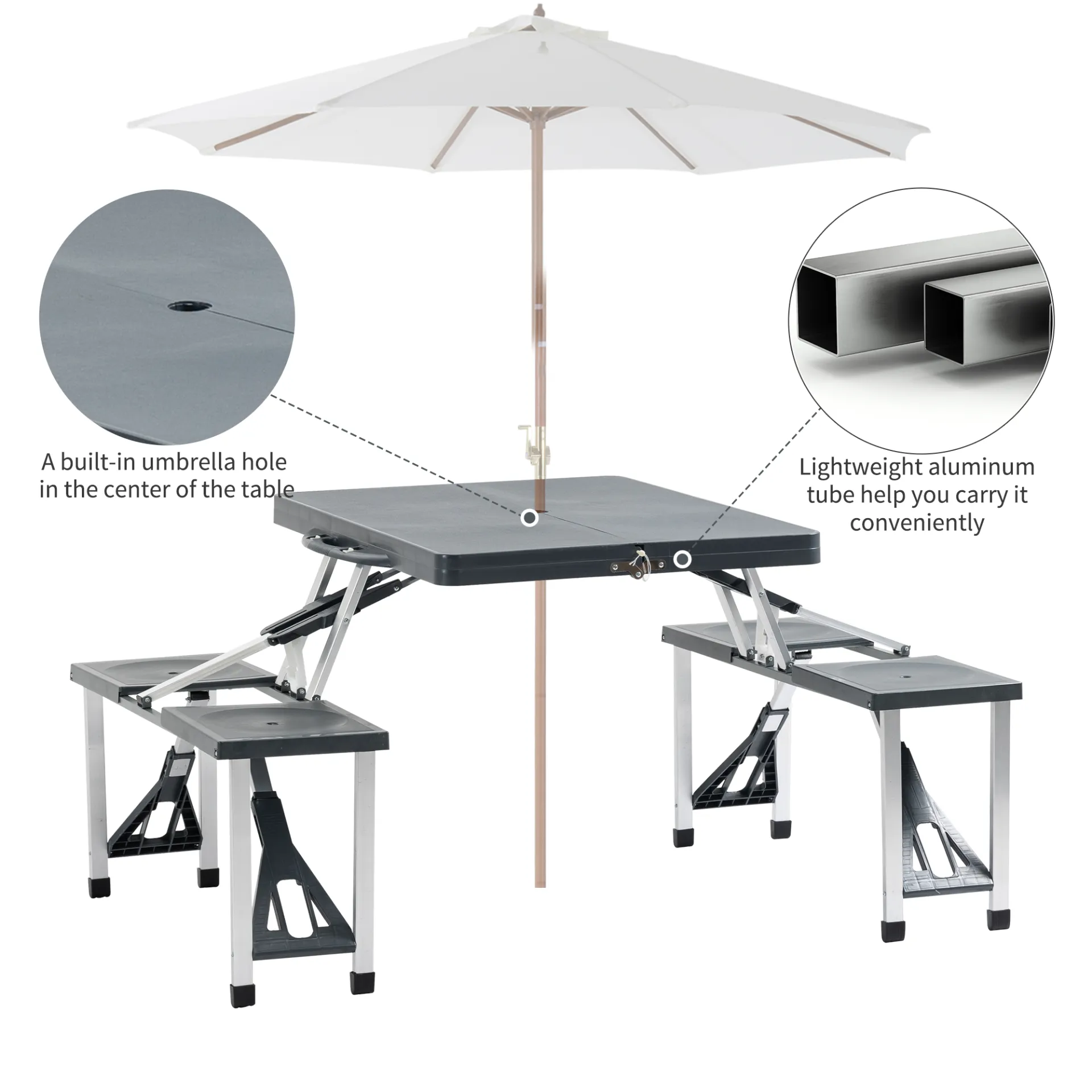 Outsunny Folding Picnic Table and Chair Set Portable Camping Hiking Dining Furniture with Four Chairs