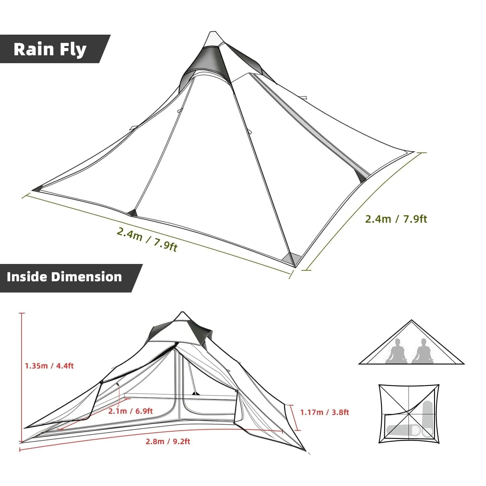 Ultralight Pyramid Tent for 1-2 Persons 20D Camping Tent Waterproof Tent with Breathable Mesh Inner Outdoor Hiking Travel Tent