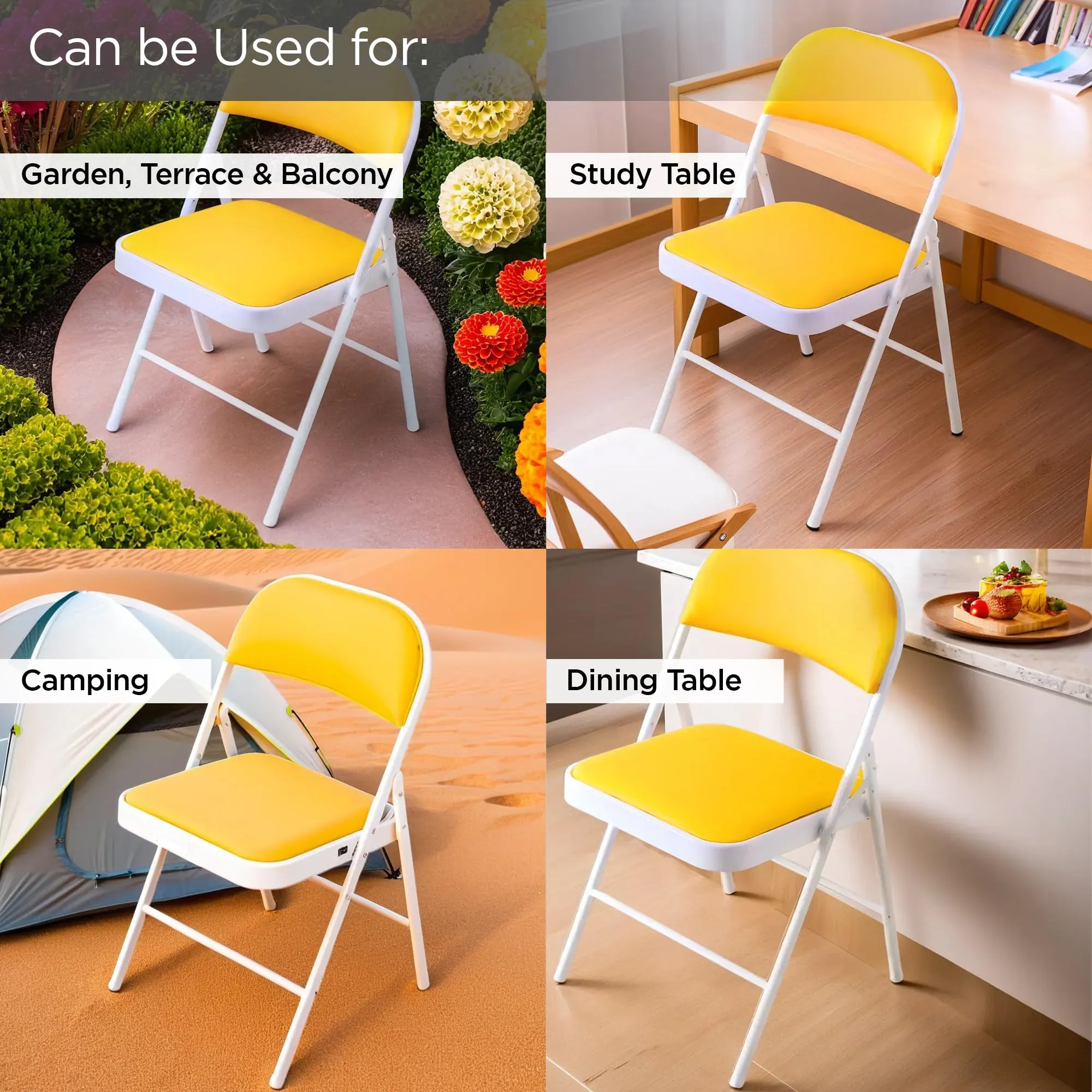 UMAI Outdoor Furniture Folding Chair | Metal Frame & PVC   Sponge Seat | Portable Lightweight Anti Slip Legs | Multipurpose Balcony Garden Camping | Indoor & Outdoor | Yellow | 400 * 400 * 0.65mm.